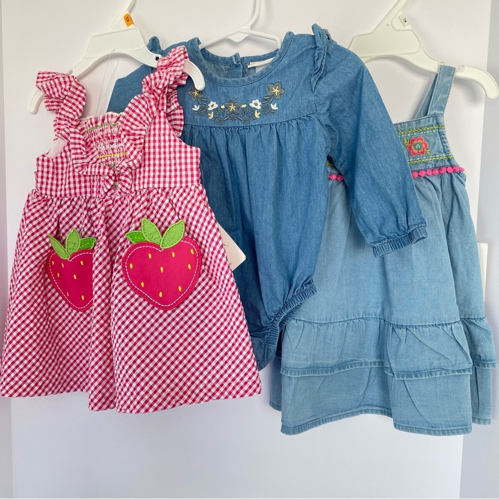 Baby Girl Strawberry Summer Dress Denim Dress And Denim Onesie 12 Months Bundle - Picture 1 of 10